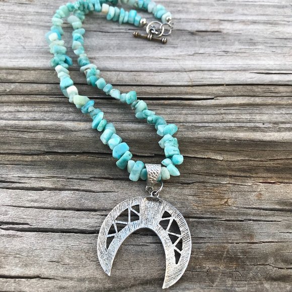 Southwestern Amazonite Gemstone Necklace Handmade Squash Blossom Silver Beaded - Picture 5 of 15